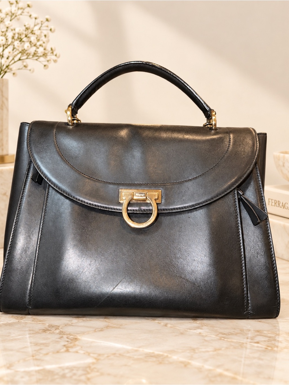 Salvatore Ferragamo Sofia Rainbow Black Leather Gancini Satchel Crossbody | COA
